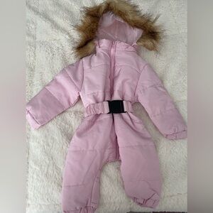 Pink Hooded Snowsuit with Fur Trim